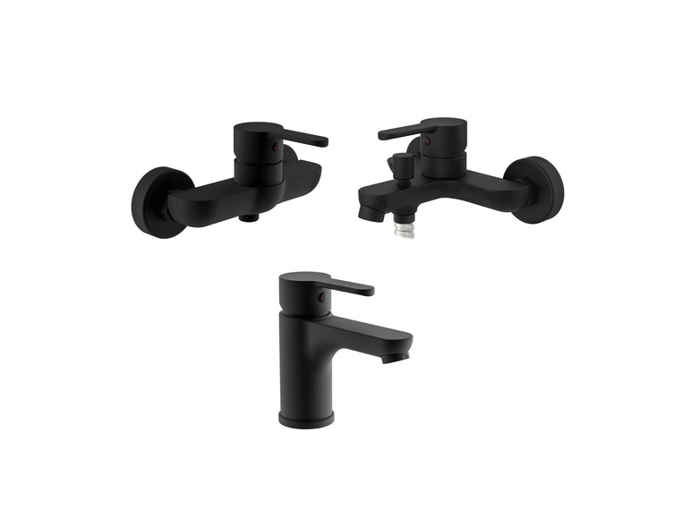 Trois robinets noirs, dont un robinet de salle de bain et un robinet de cuisine.
