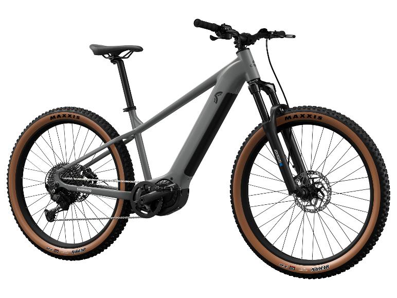 Un vélo de montagne électrique gris avec des pneus Maxxis Rekon.